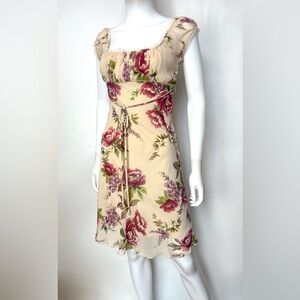 Y2K Romantic Floral Chiffon Dress with Ruched Empire Bodice & Lace Trim‎ Size 3
